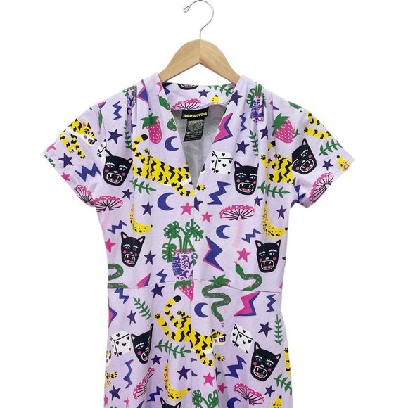 Nooworks Greta Dress XS Purple Graphic Print Fit & Flare Cotton Jersey Pockets - Picture 6 of 12